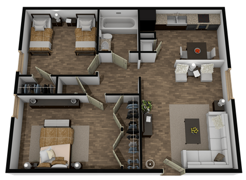 A 3D floor plan of a house with two bedrooms, a living room, a kitchen, and a bathroom.